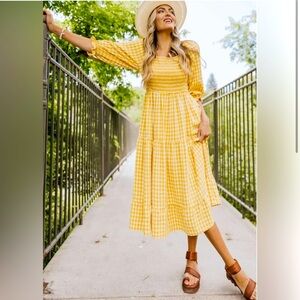 Roolee Smocked yellow gingham midi dress size large